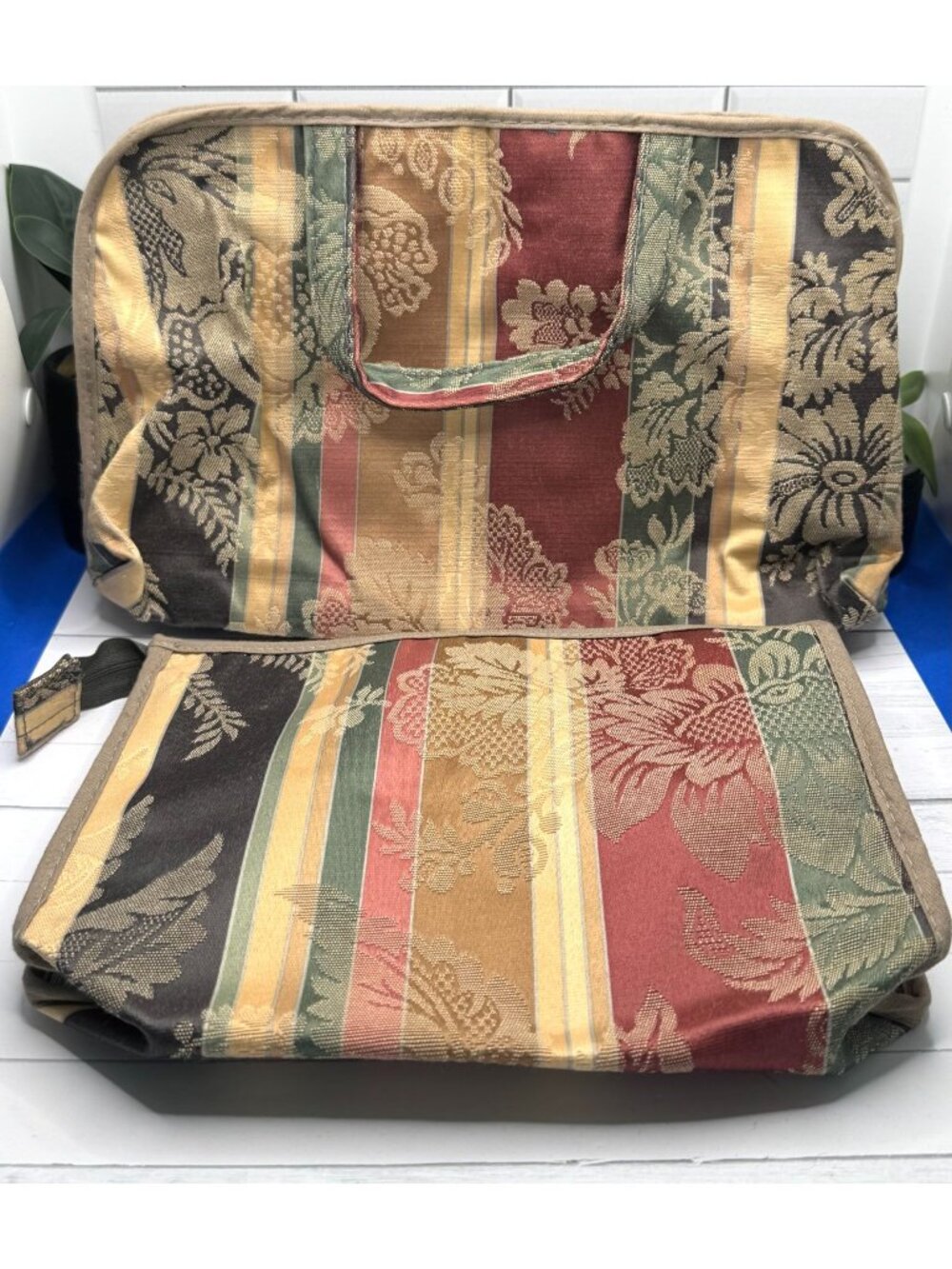 Vintage Allegro Pacific Tapestry Travel Organizer Bag With Floral Stripe Pattern